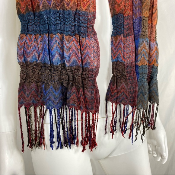Dark Blues & Orange Chevron Plaid Long Tassel Scarf - Picture 3 of 5